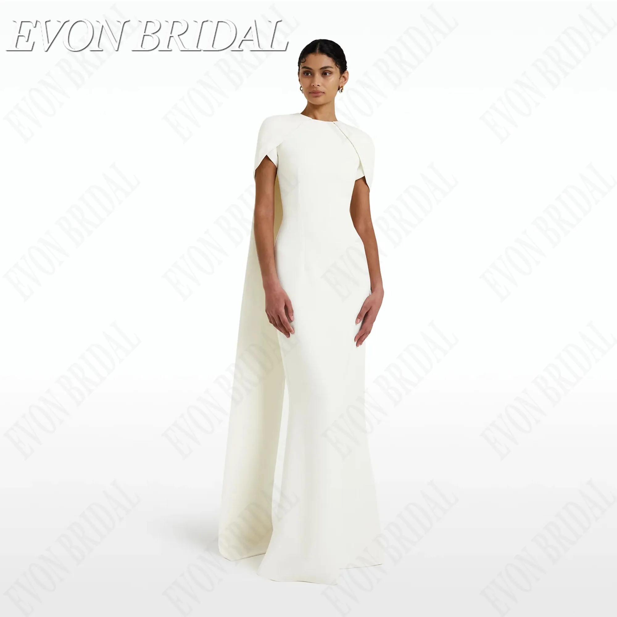 

EVON BRIDAL O-Neck Satin Evening Dresses With Long Cape Mermaid Short Shoulders Vestidos De Noche Formal Occasion Dresses Custom