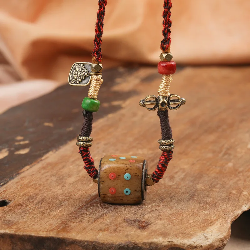 Tibetan-style cow bone sieve pendant necklace, adjustable magic pestle accessory, hand-woven rope, unisex