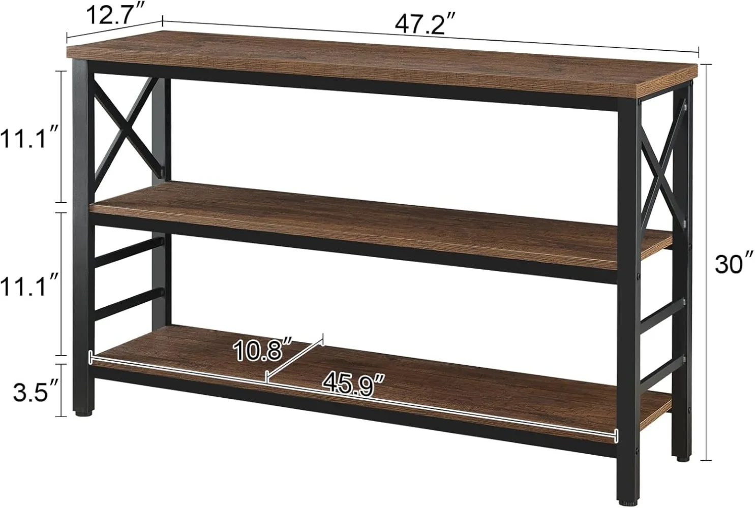 Rustic Sofa Table with 3 Tier Wide Shelf and Metal Frame, Hallway Table for Entryway,Living Room,Brown,47''