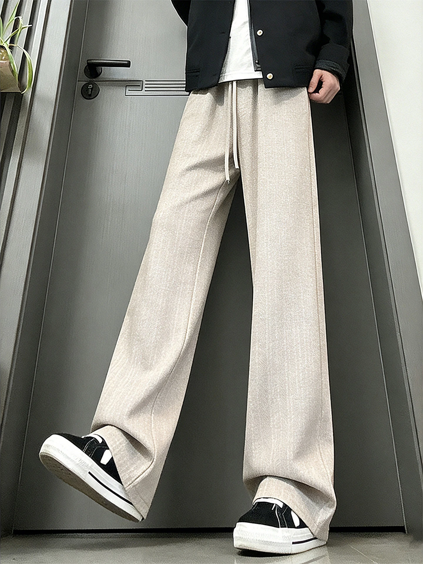 

Khaki Men's Casual Pants Woolen Tweed Loose Fit Straight Leg Retro Sle Flared Pants Spring Season Comfortable Warmth