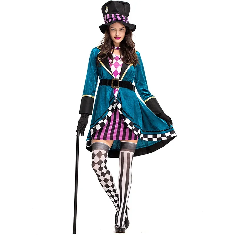 Alice in Wonderland Mad Hatter Costume for Adults Women Fantasias Magician Cosplay Halloween Carnival Party Magic Dress Purim