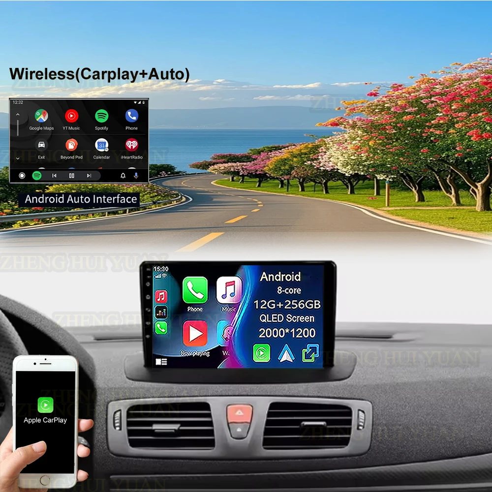 Android 16 For Renault Fluence 1 2009 - 2017 Multimedia Monitor Carplay Auto WIFI Navigation Player Video Stereo GPS Radio QLED