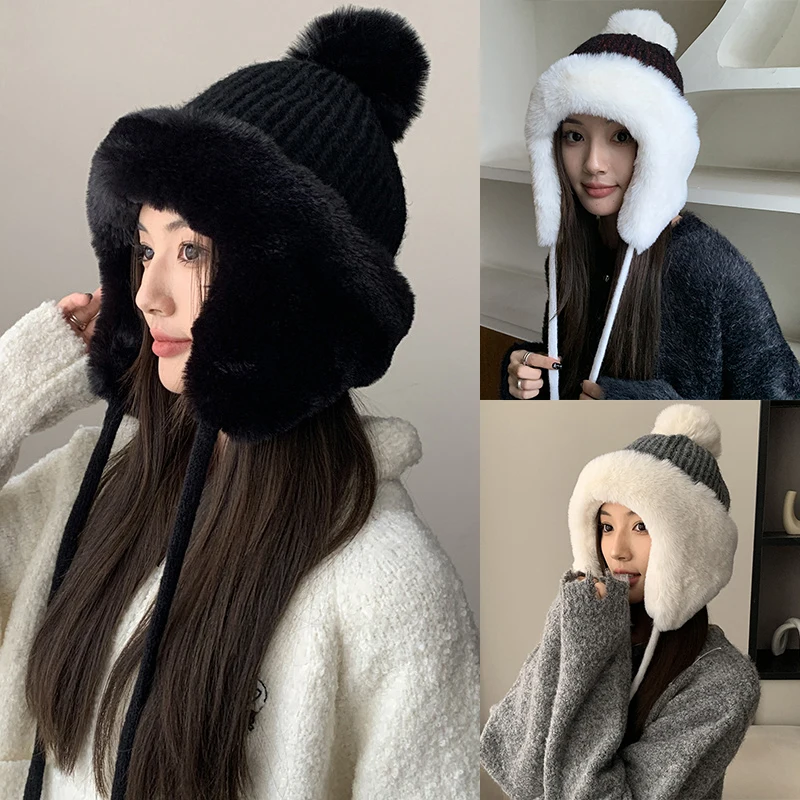 Fashion Lei Feng Hat For Women Autumn Winter Trapper Earflap Ski Cap Female Thick Warm Beanie Hat Fur Pompom Russain Hat