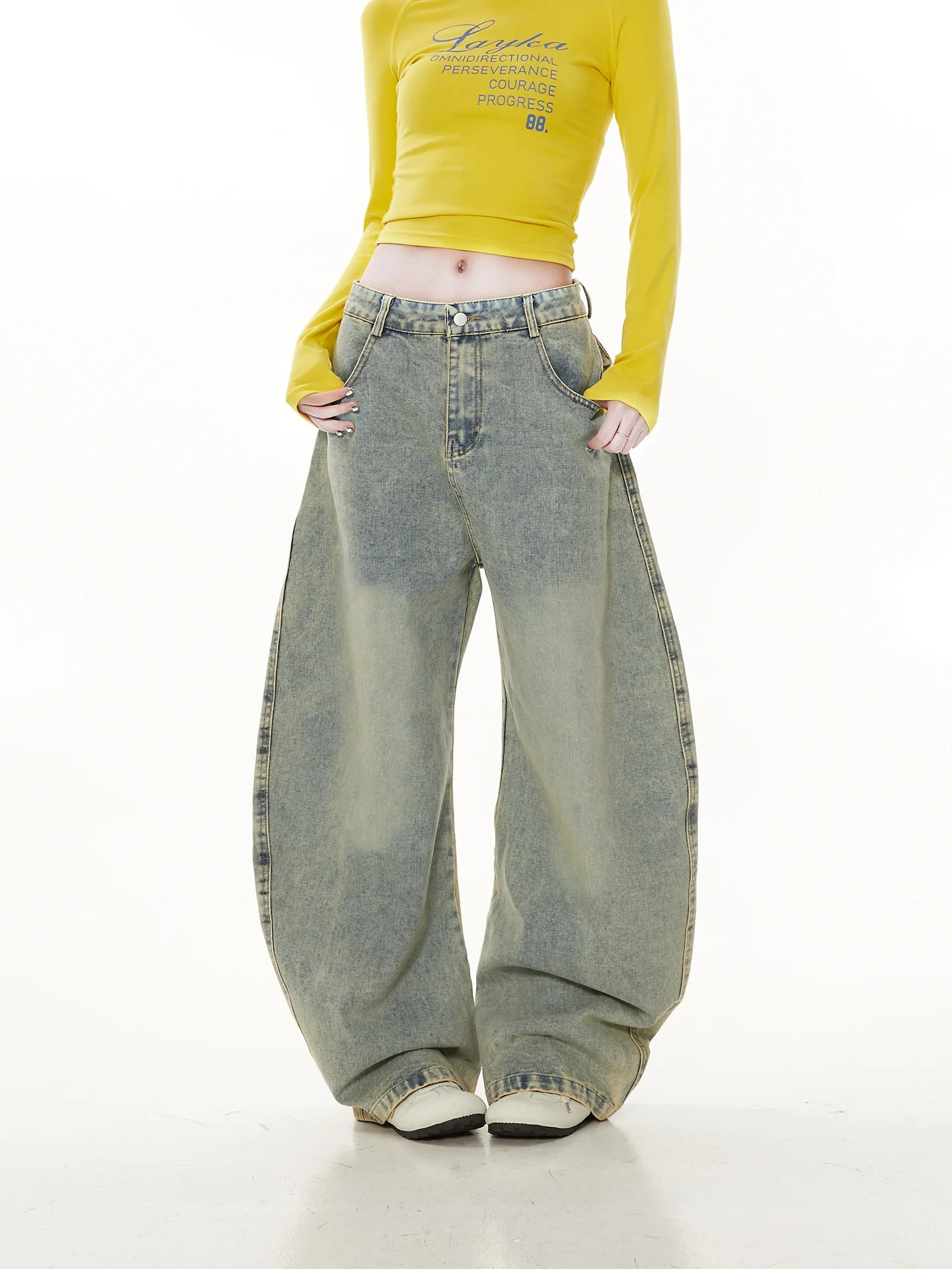 

Американские джинсы в стиле ретро с эффектом потертости, широкие, свободные, женские, универсальные, повседневные, весенние, модные, брендовые, джинсовые брюки