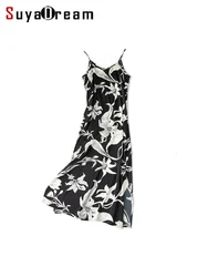 SuyaDream,Women Floral Dresses, 93%Silk 7%Spandex, V Neck, Spaghetti Strap Dress,  2024 Spring Summer Clothes, Black