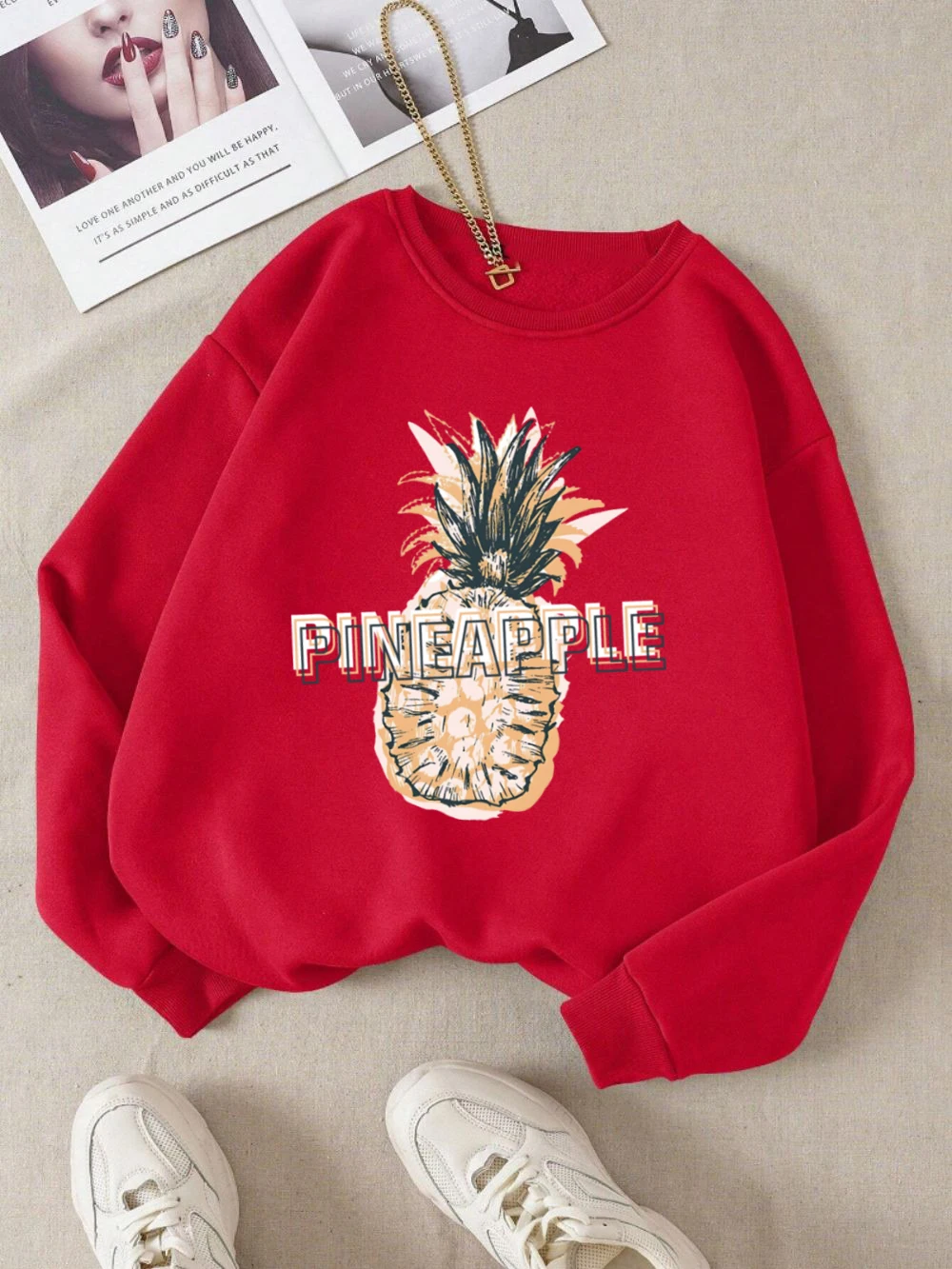 

Pineapple Sweatshirts Womens Retro Fruit Printed Hoodie Crewneck Loose Fleece Warm Pullover Casual Comfortable Woman Clothes
