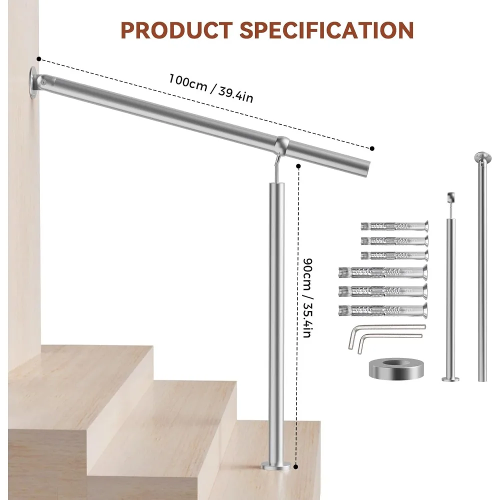 طقم درابزين خارجي من الفولاذ المقاوم للصدأ لخطوات 2-3 خطوات، 39.4 بوصة/100 سم، حاجز دعم انتقالي للخطوات #5