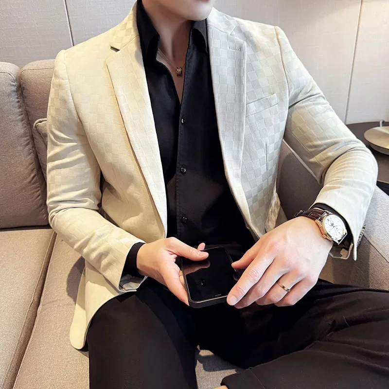 Plus Size 5XL-M Luxury Checkered Slim Fit Business Blazers Mens 2024 Formal Single Button Fashion Social Party Suit Jacket