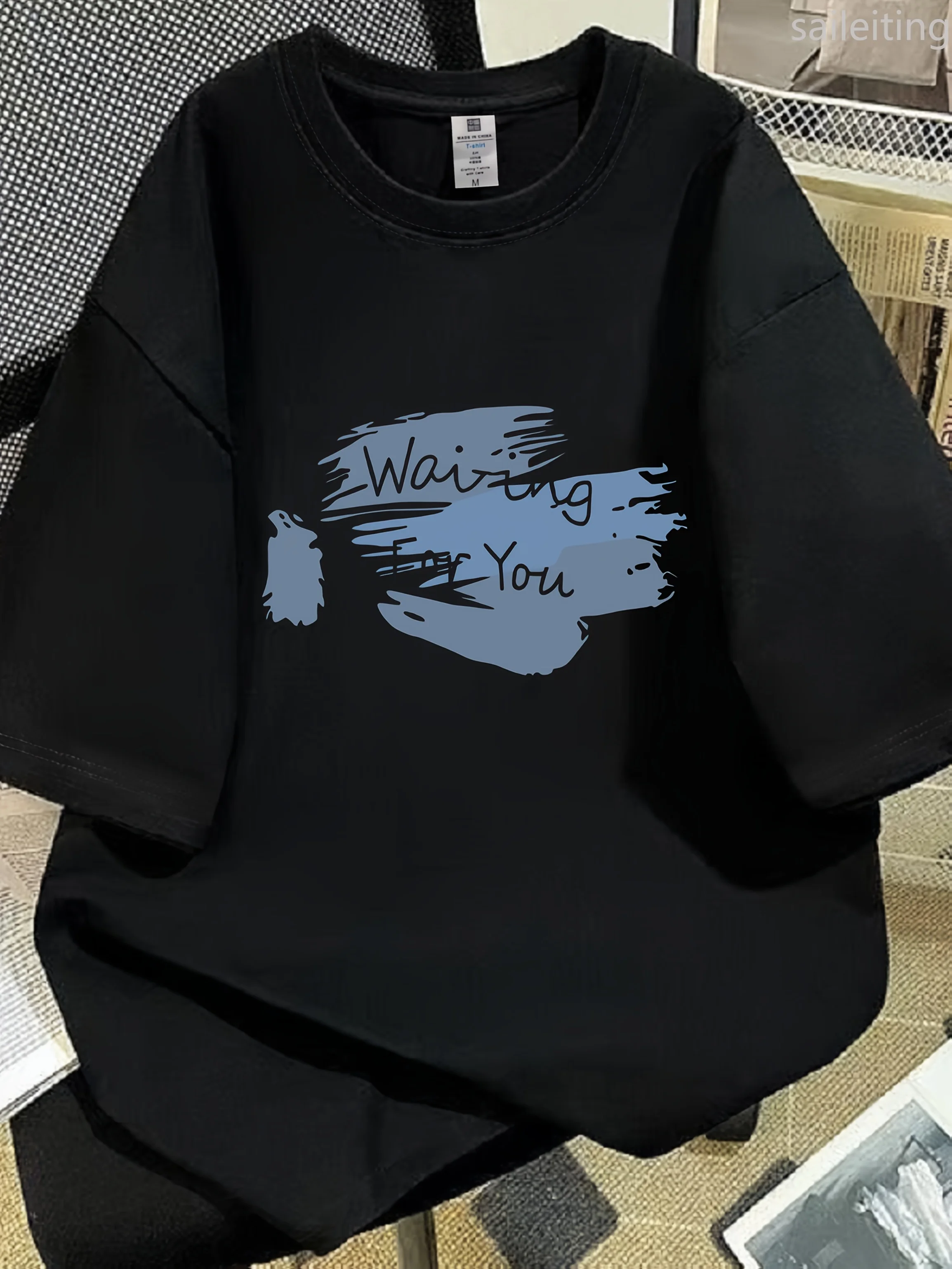 

Повседневная одежда больших размеров с короткими рукавами, черная, с голубым, «Очещение за вас», уличная одежда в стиле Харадзюку с круглым вырезом и рукавами с буквенным принтом