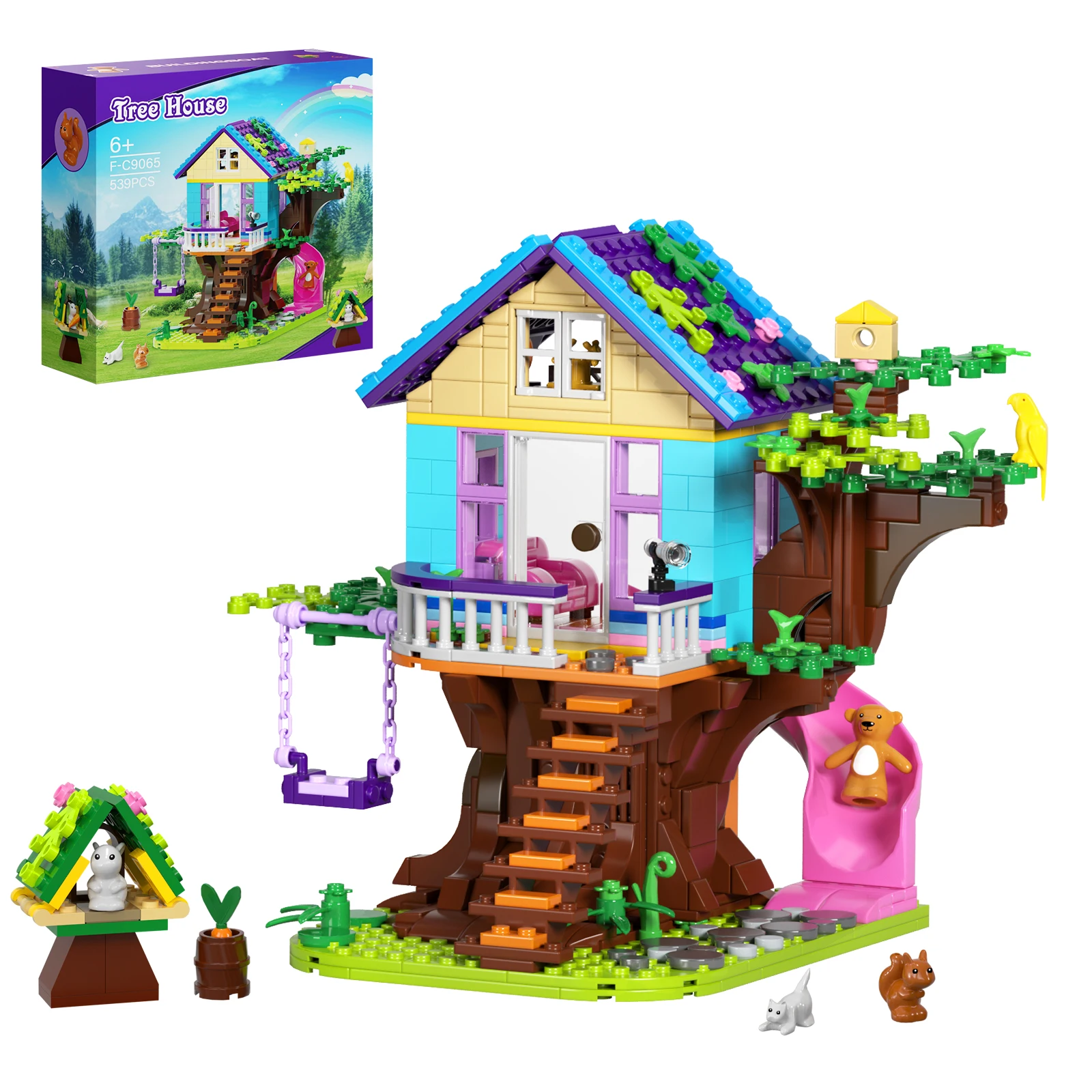 MOC Leisure New Animal Tree House Building Blocks Set Openable Forest Slide Hut Nature Park Bricks Toys Children Birthday Gifts