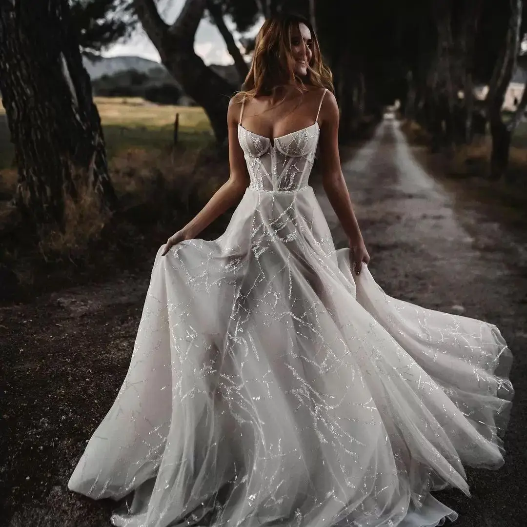 Vestido De Noiva Longo De Tule Boho, Vestidos De Noiva Frisados Sexy, Pescoço De Espaguete, Vestidos De Casamento De Linha A Cristal