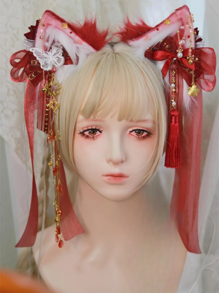 Headdress Women's Handmade Cat Ear Modeling with Bowknot Pearl Chain Tassel Red and White Color Matching Clothing Accessories1Pc