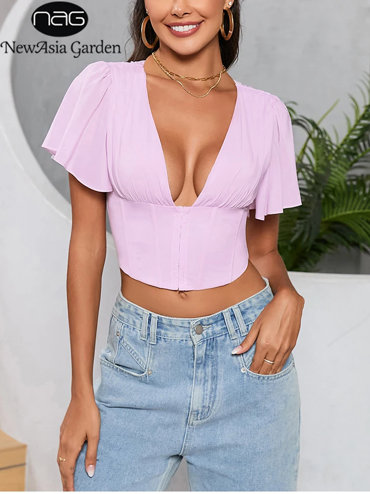 

NewAsia Chiffon Solid Short Sleeves Top For Women Sexy Low Cut Boning Slim Fit Crop Tops Summer Fashion Party Club Outfits Lady