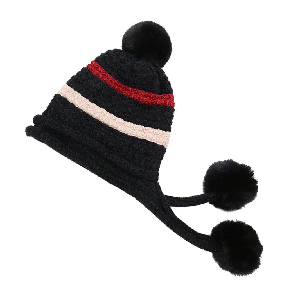 

Women Wool Knitted Hat Black Warm Ski Cap Hair Ball Design Winter Headgear Outdoor Warmth Women Knitted Hat Winter Headgear