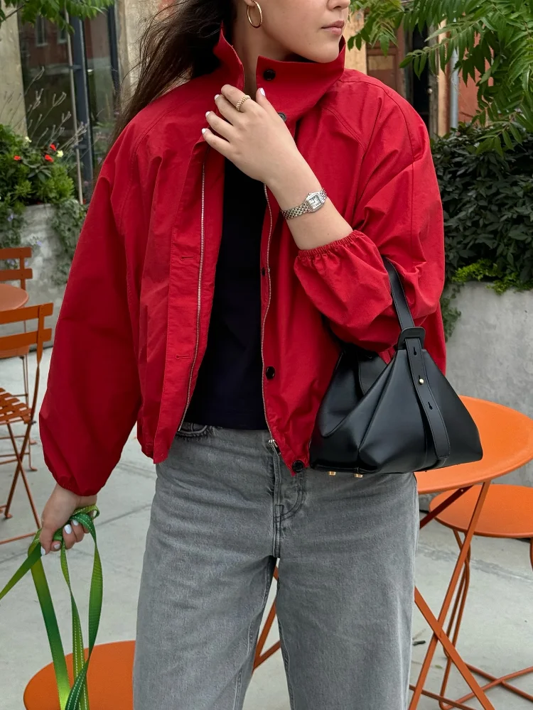 

2025 Lady Single Breasted Chic Outerwear Autumn Red Long Sleeve Bomber Jacket For Women Street Turn Down Collar Zipper Coats