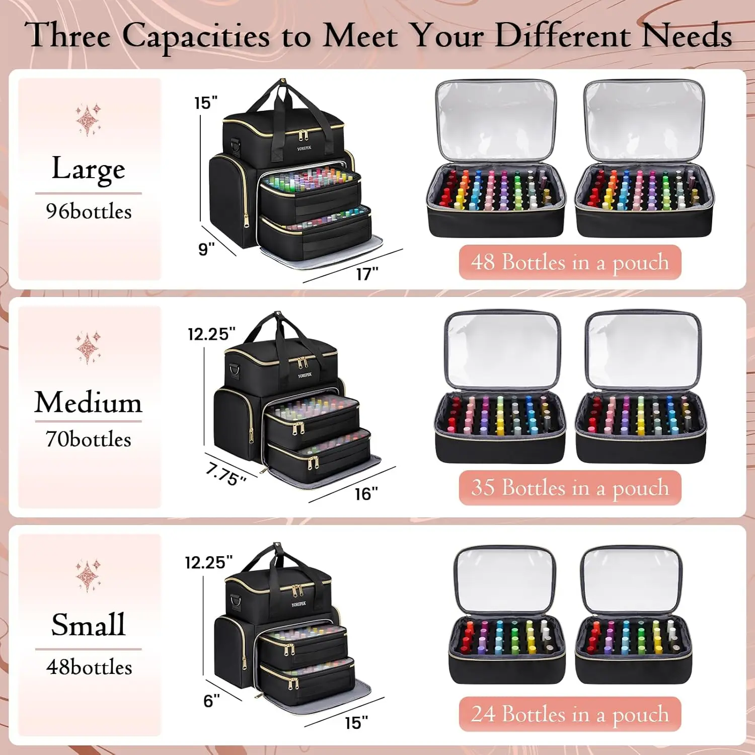 Duży organizer na lakiery do paznokci mieści ponad 96 butelek z lampą UV i wyjmowanymi kieszeniami do podróży.