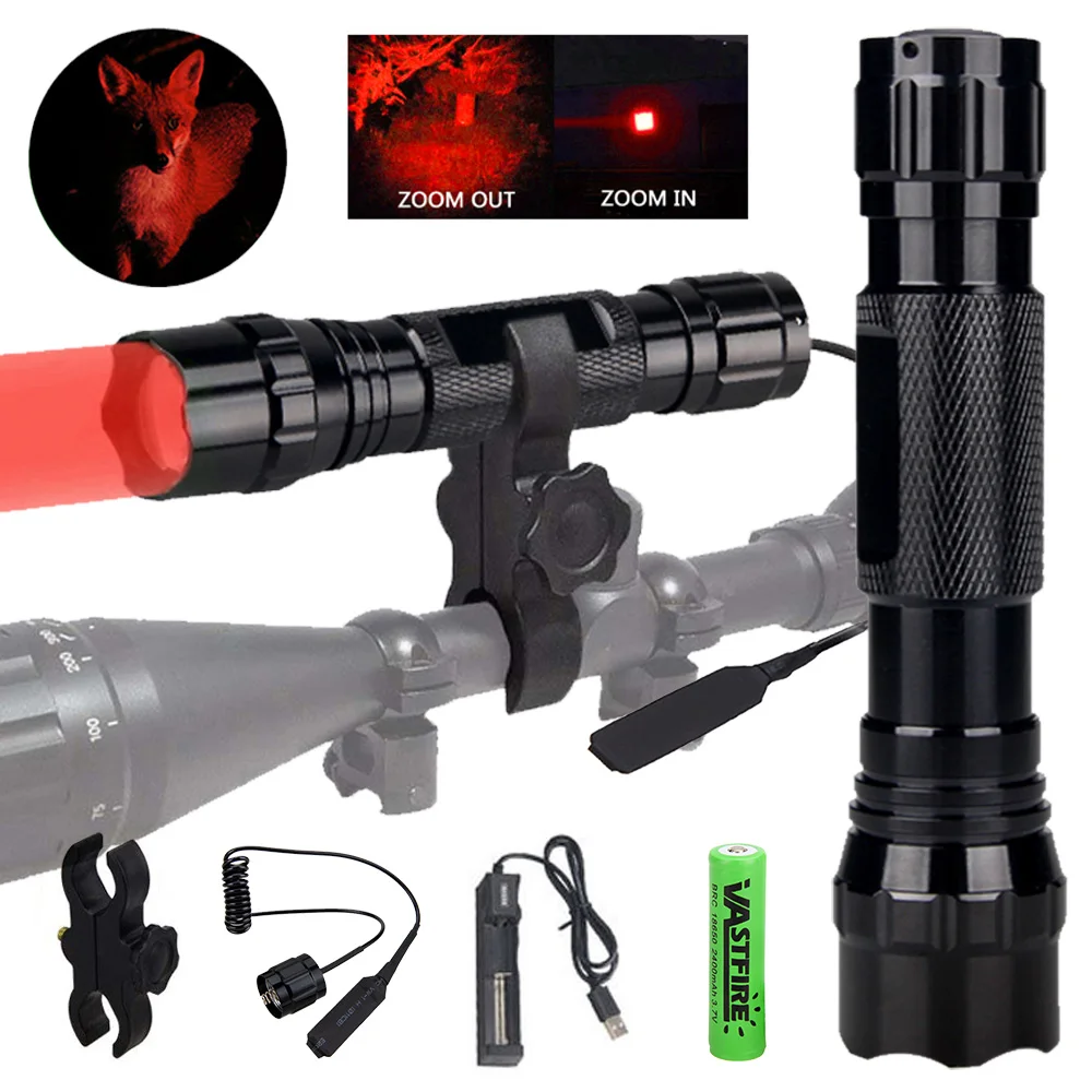 300 Yard Zoomable Red Flashlight Predator Professional Night Hunting Varmint Hog Torch Tactical 1-Mode Rifle Scope Weapon Light