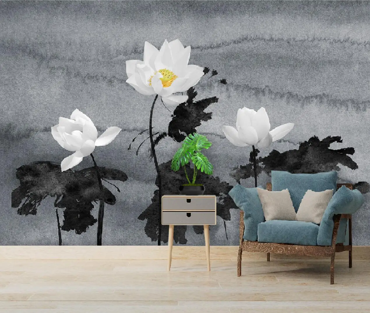 papier peint Modern light luxury advanced gray ink lotus Nordic fresh background wall papel de parede 3d wallpapaper