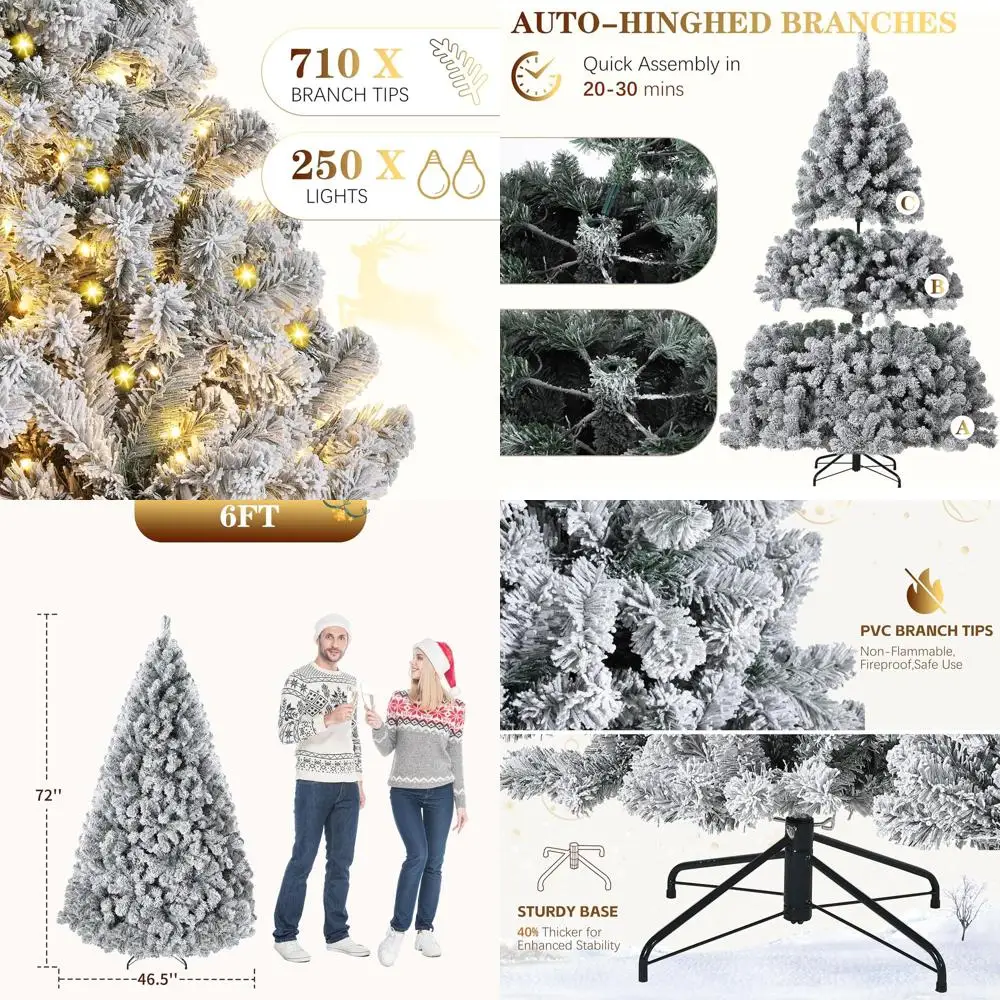 

6-Foot Pre-lit Christmas Tree with 250 Lights, 710 Snowy White PVC Branches, Foldable Stand & Easy Assembly
