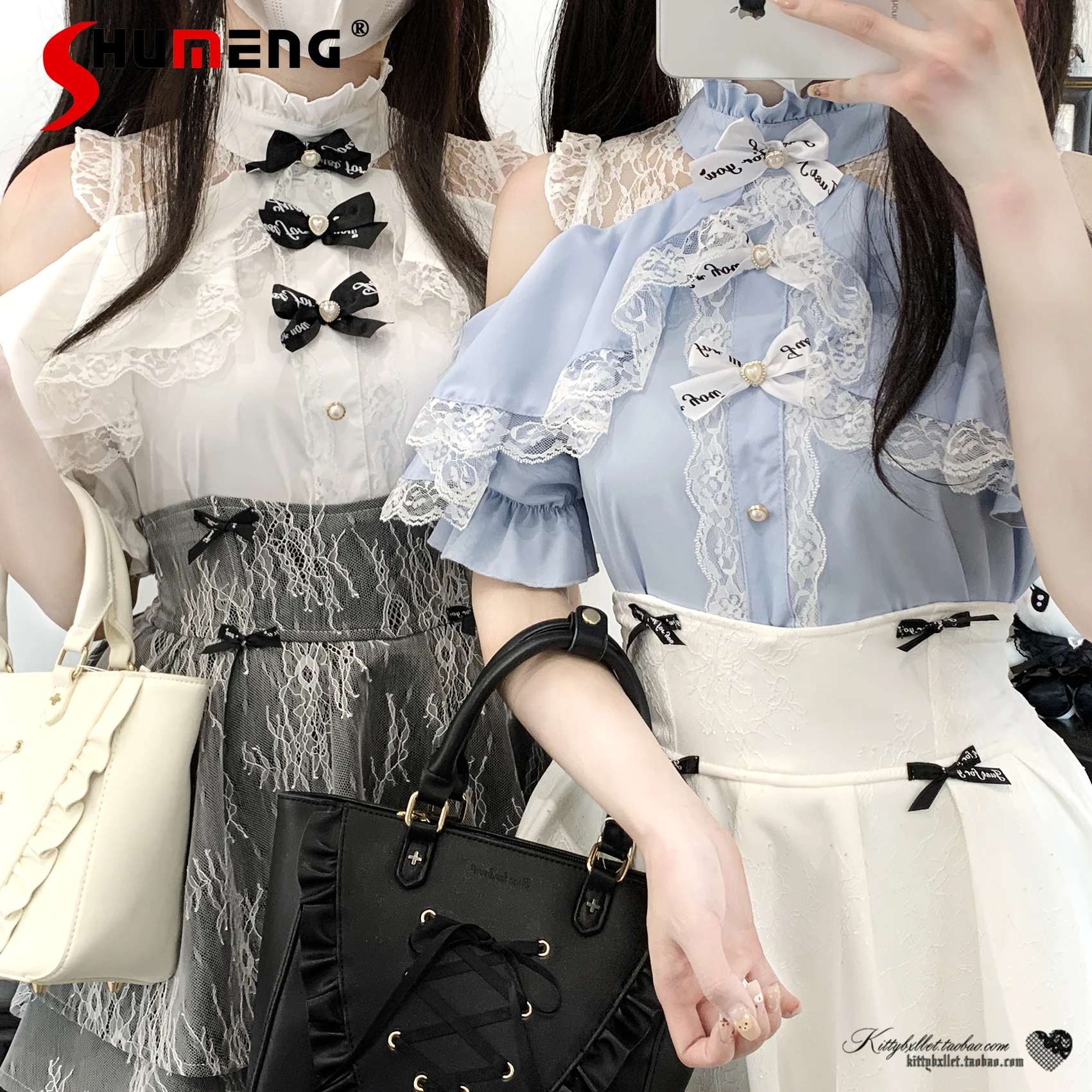 

Japanese Mine Style Mass Produced Lolita Blouse Lace Off Shoulder Short Sleeve Bow Single-breasted Sweet Cute Shirt Stops Women