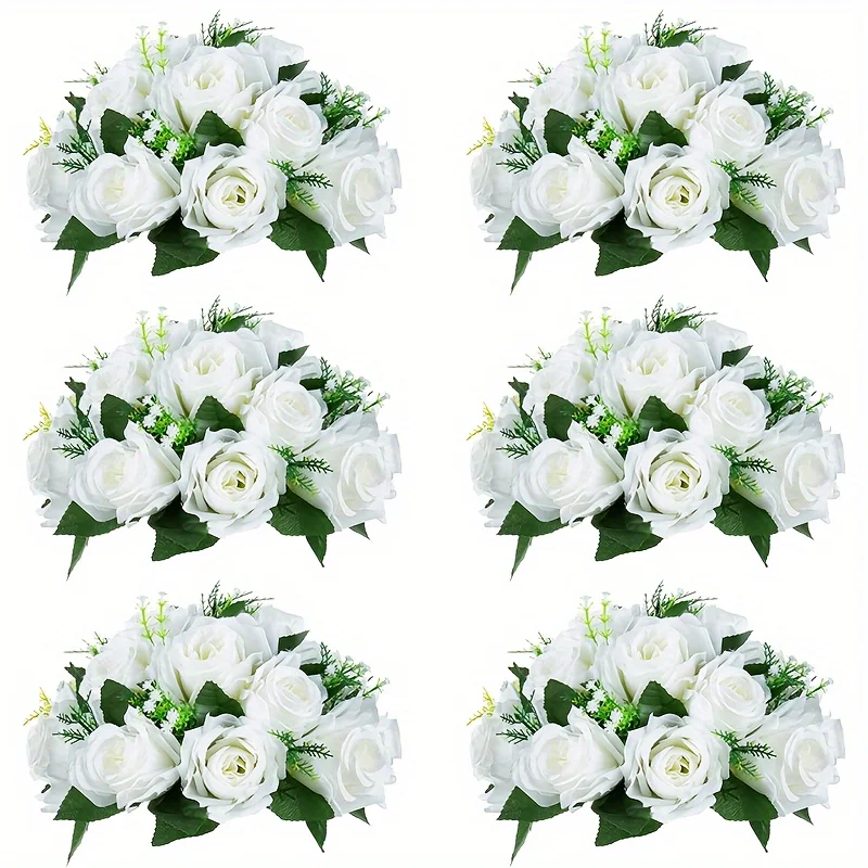 6-Piece Set of Fake Flower Ball Flower Arrangement Bouquets, 15-Piece Plastic Roses with Base, Wedding Center Flower Stand for Party Home Decoration