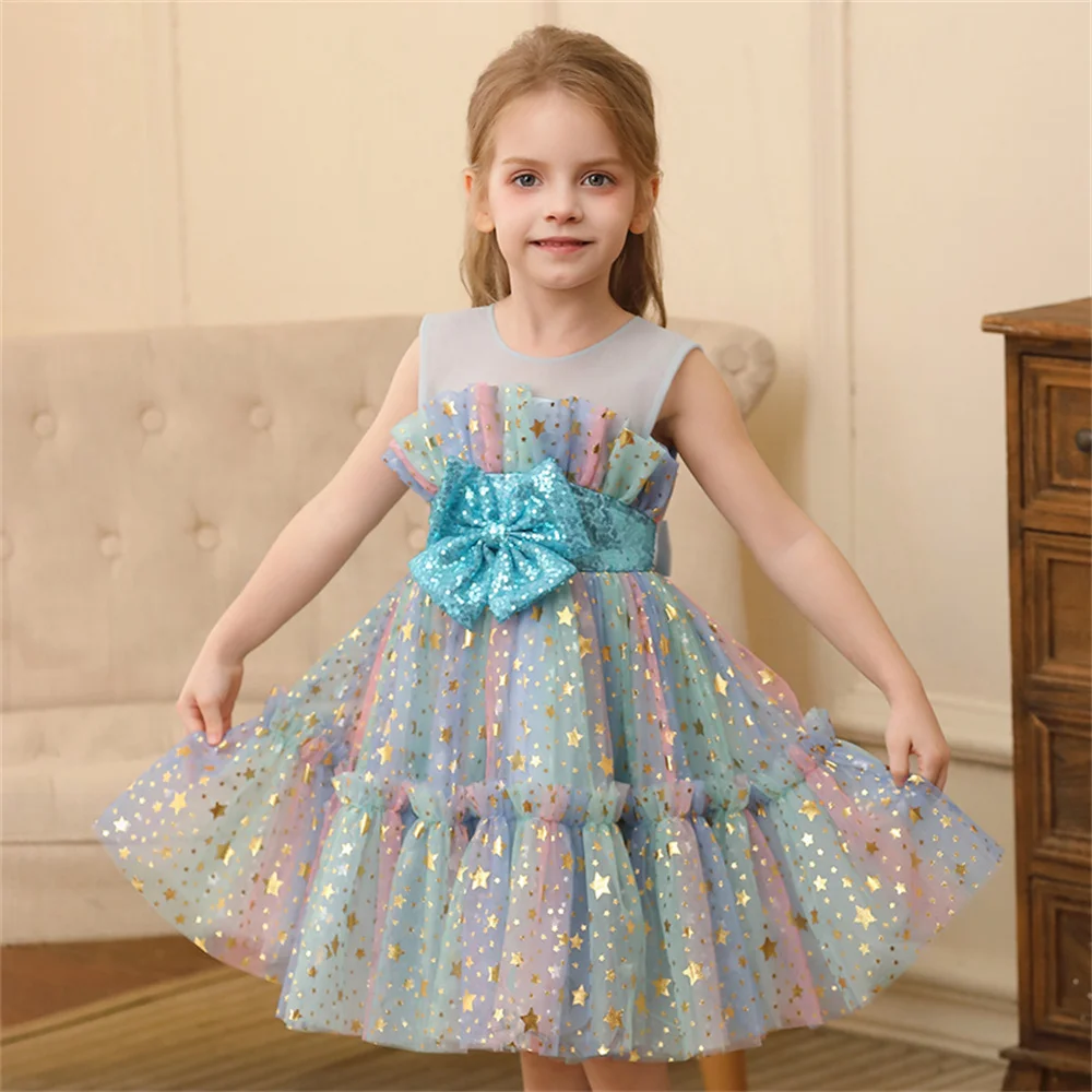 0-6 Years Baby Girl Sleeveless Colorful Mesh Dresses Kids Girl Purple Gown For Birthday Ceremony Party Children Bowknot Dress