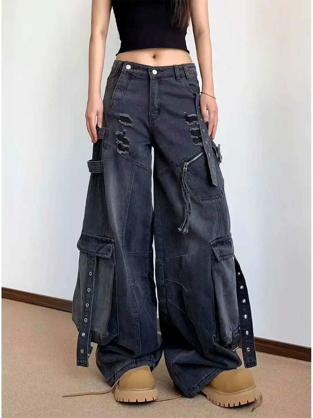 Loose Workwear Pants for Women Multi Pocket Straight Leg Casual Trousers Comfortable Loose Fit Long Pants in Pure Color