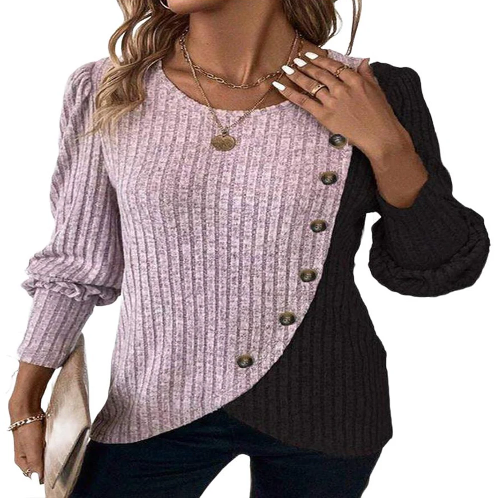Long Sleeve Buttoned Women Sweaters with Contrast Stripes O Neck Pullover Knitted Tops for Casual and Professional Occasions