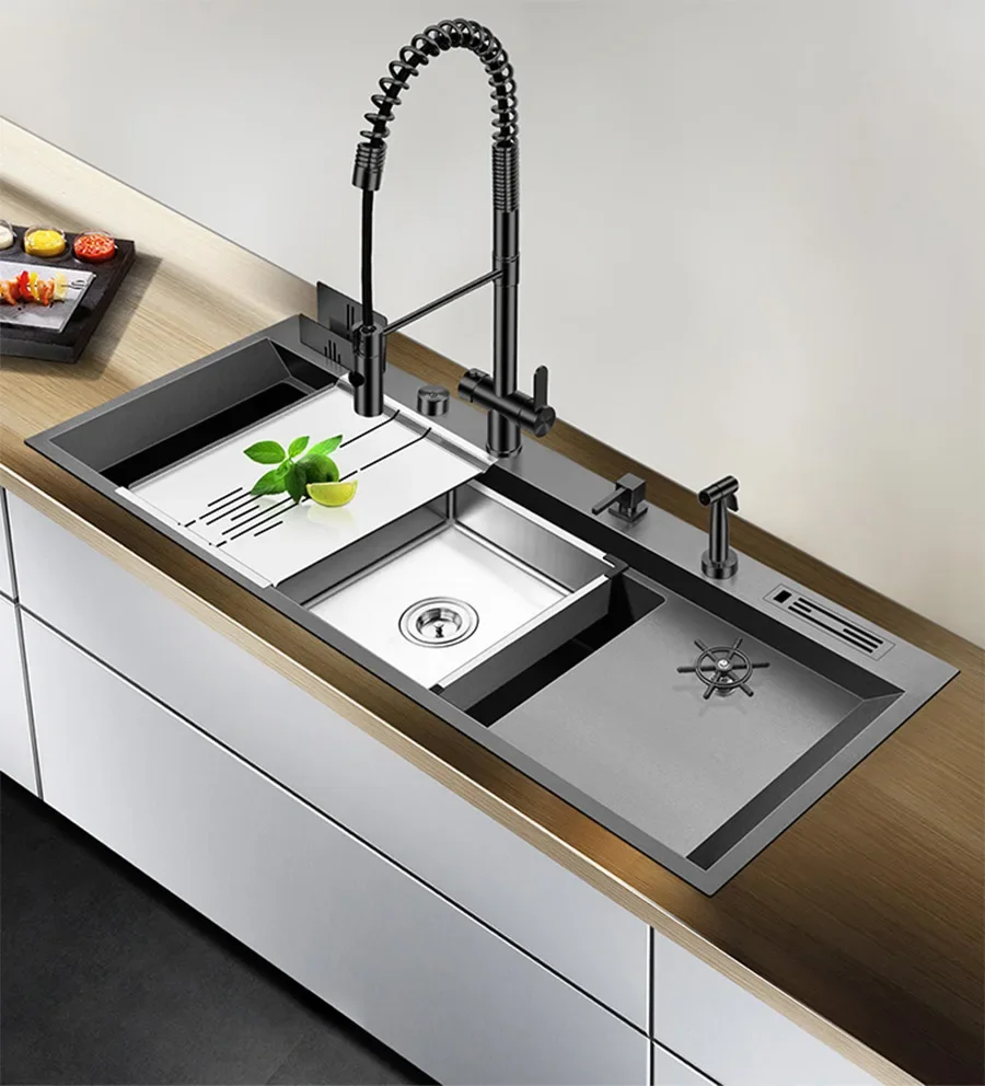 JJASRAS New Nanometer Large Size Single Cup Rinser Kitchen Sink 4mm Thickness 220mm Depth With Drain Plate Knife Holder Sinks