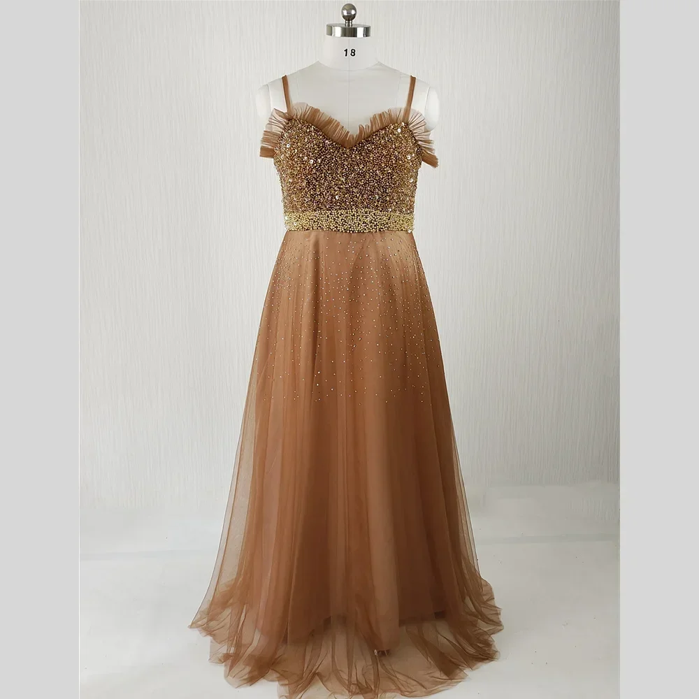 Feelingarden Customized Real Photo Evening Dress Brown Beads Sgephetti Straps A-line Floor Length Plus size Party Formal Gowns