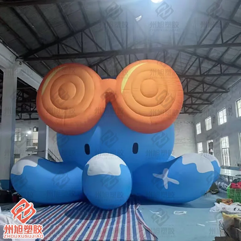 

Inflatable blue cute cartoon octopus with glasses, with blower, outdoor beach propaganda decoration drainage props