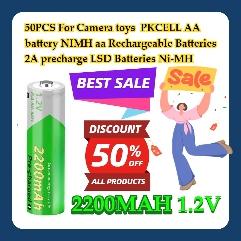 

50PCS For Camera toys PKCELL AA 2200MAH battery 1.2V NIMH aa Rechargeable Batteries 2A precharge LSD Batteries Ni-MH