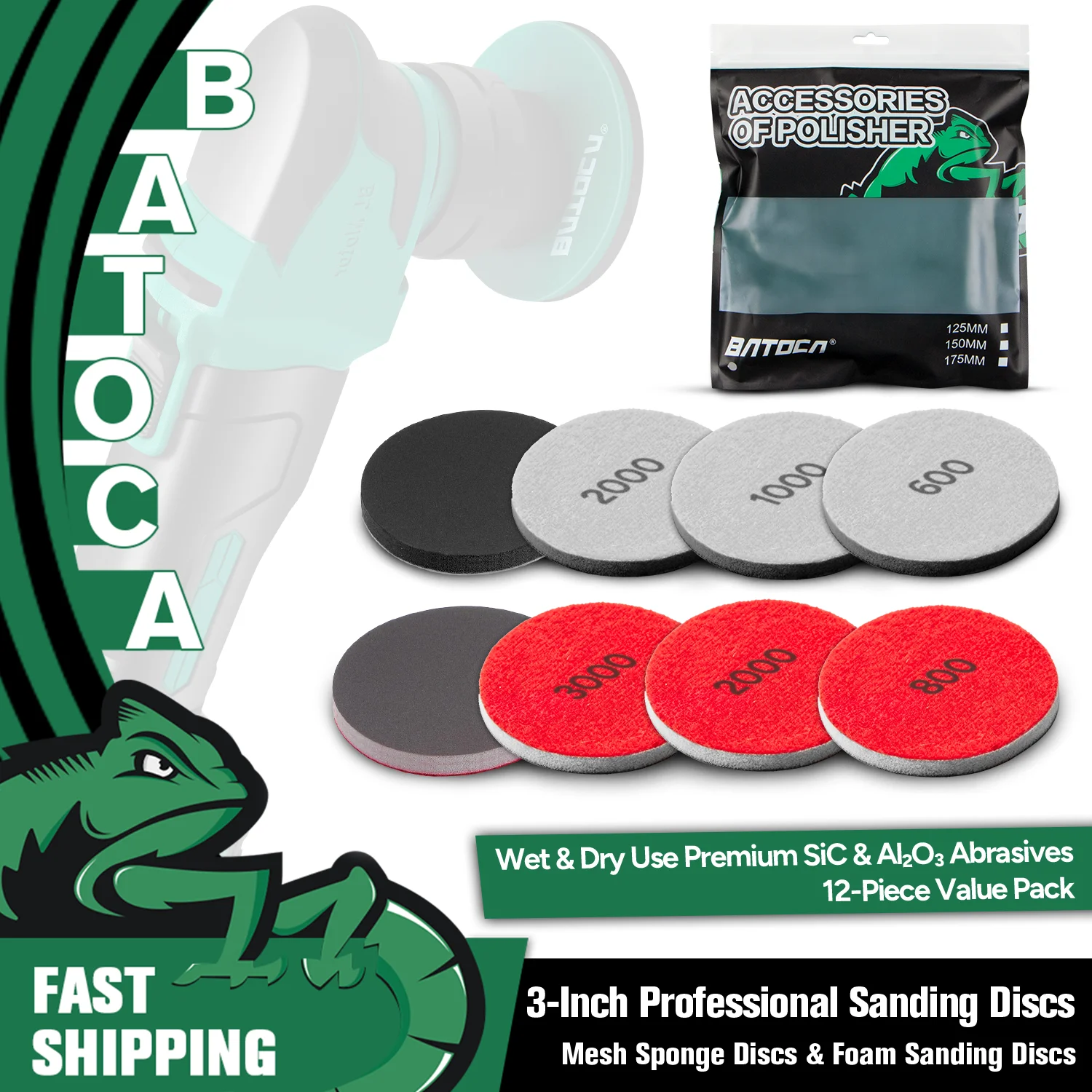 BATOCA 12Pcs 3 Inch Mesh Sponge Foam Sanding Discs Wet Dry Hook Loop 600-3000 Grit Car Polish Headlight Restoration Pad