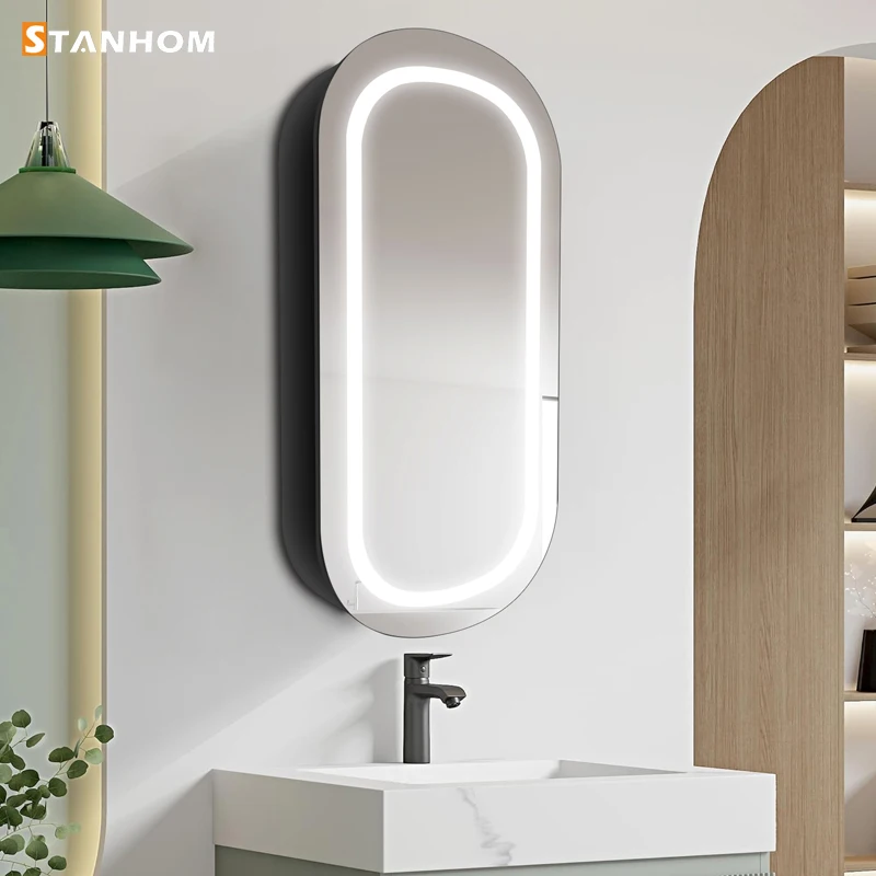 UKCA CE RoHS Bathroom Toilet Makeup Aluminum Mirror Storage Cabinet with Light view 2
