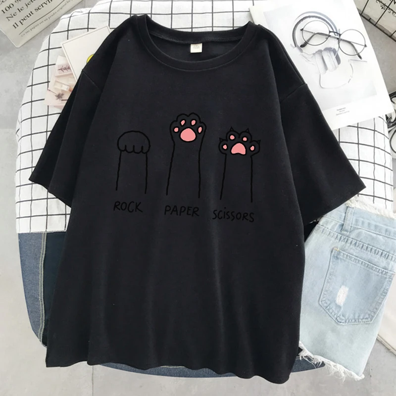 Rock Paper Scissors Funny Cat Print Women's T-shirt Summer Soft Tops Fashion Casual Short Sleeve Street Tshirt Women's Clothing