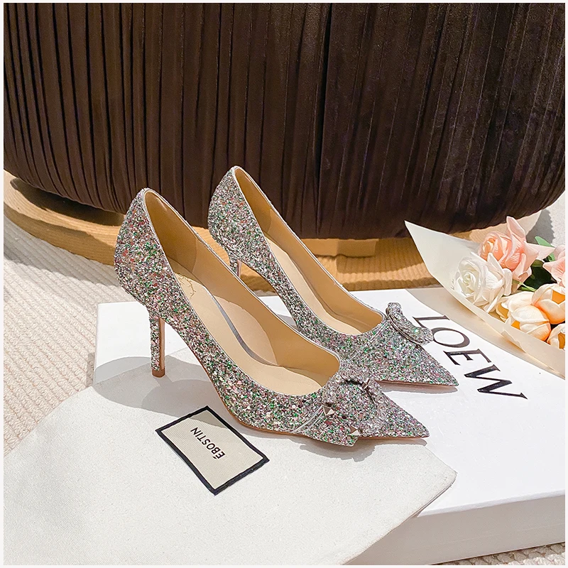 

Spring and autumn new pointed toe rhinestone stiletto sandals sexy all-match banquet dress large size small size women's shoes