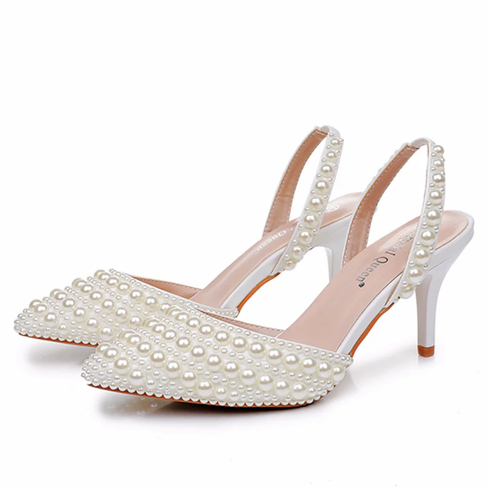 

Spring and summer pointed toe rhinestone pearl low-heeled wedding shoes banquet dress large size thin high-heeled women's sandal