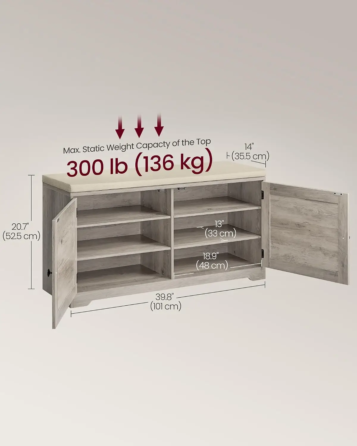 Three Tier Shoe Storage Bench Cushion 14 x 39.8 x 20.7 Inches