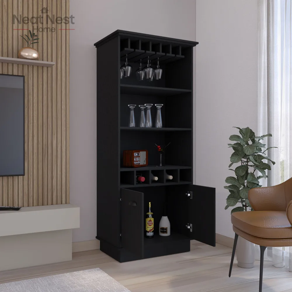 

Bar Cabinet 70"H with Wine Rack, Upper Glass Cabinet, three Open Storage Shelves and One Cabinet,Small-space bar cabinet,Black