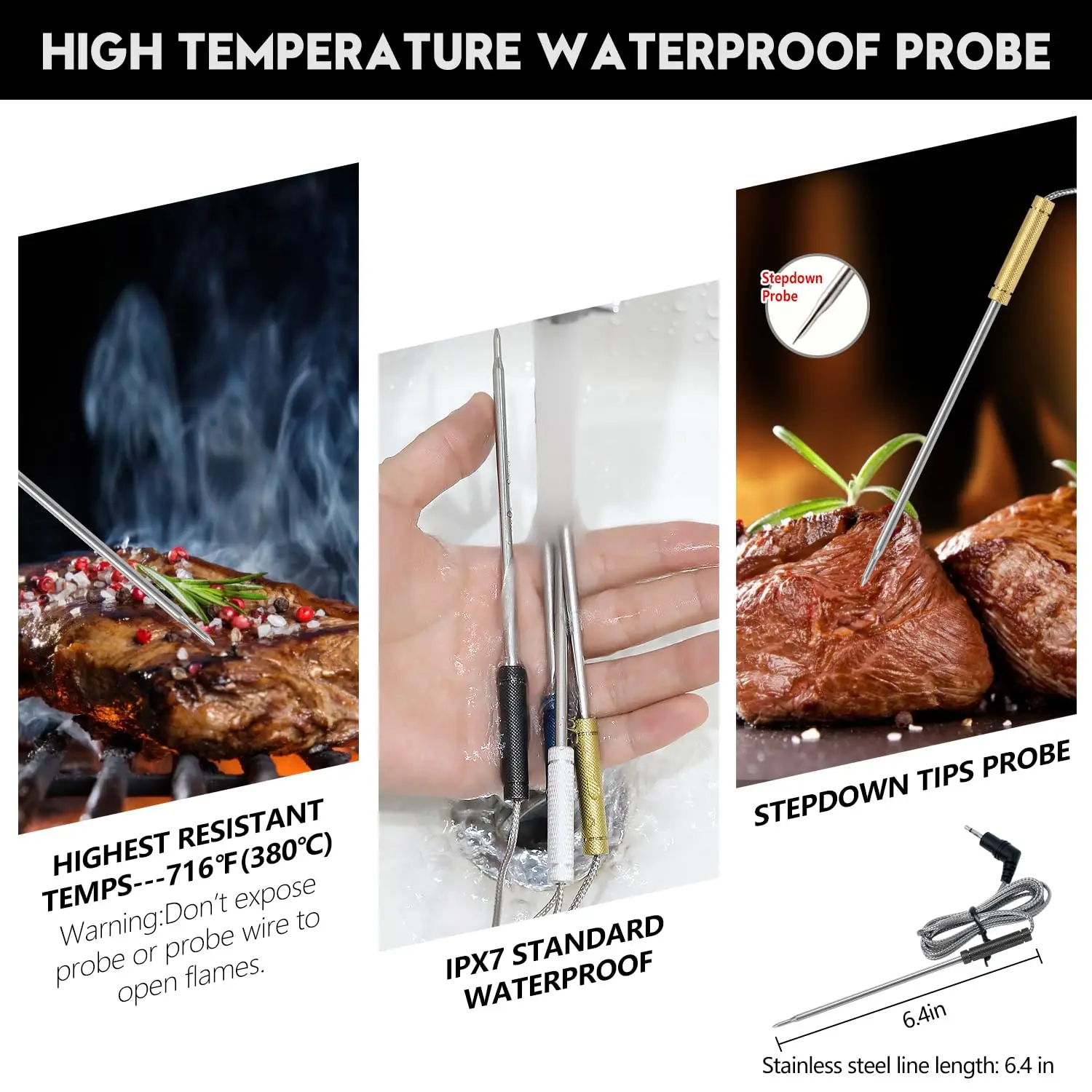 Wireless Meat Thermometer with 4 Probes for Grilling, Smoking, BBQ & Oven Cooking