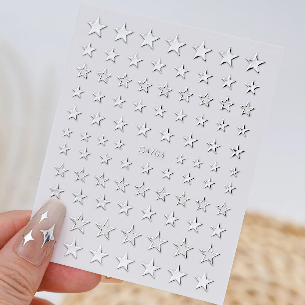 

1pcs 3D Metallic Silver Pentagrams Nail Stickers Bronzing Star Moon Sun Adhesive Sliders For Nail Art Decoration Decal #Y2K