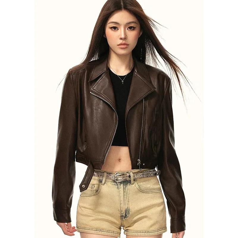 Damen Braune PU-Lederjacke, Kurze Offene Lederjacke, Elegante Hochwertige Vielseitige Trendige Vintage-Oberbekleidung – Detail 12
