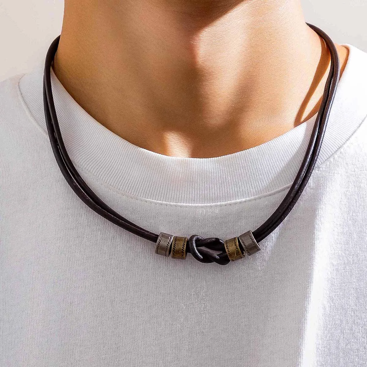 Vintage Pu Leather with Metal Beads Choker Necklace for Men Trendy Collar on the Neck Accessories 2023 Fashion Jewelry Male Gift