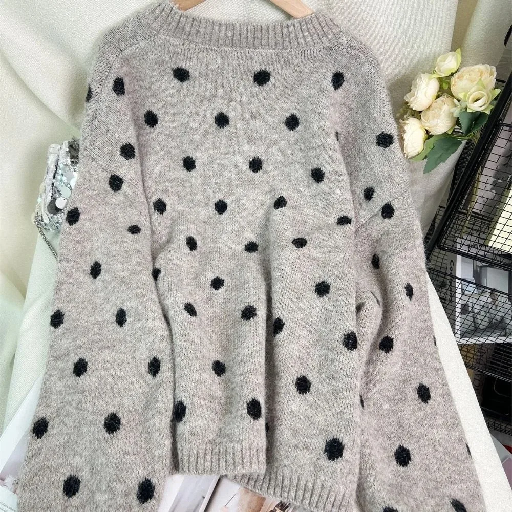 

Корейский стиль, вязаный короткий свитер с длинными рукавами, осенний мягкий вязаный крючком свитер в горошек, женский топ, свободный милый женский пуловер для девочек