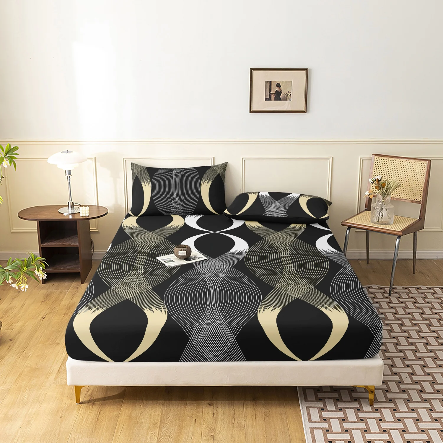 Beige White Abstract Wavy Line Print 3 Pieces Fitted Sheet Set, Modern Minimalist Intertwined Curve Geometric Print Bedding