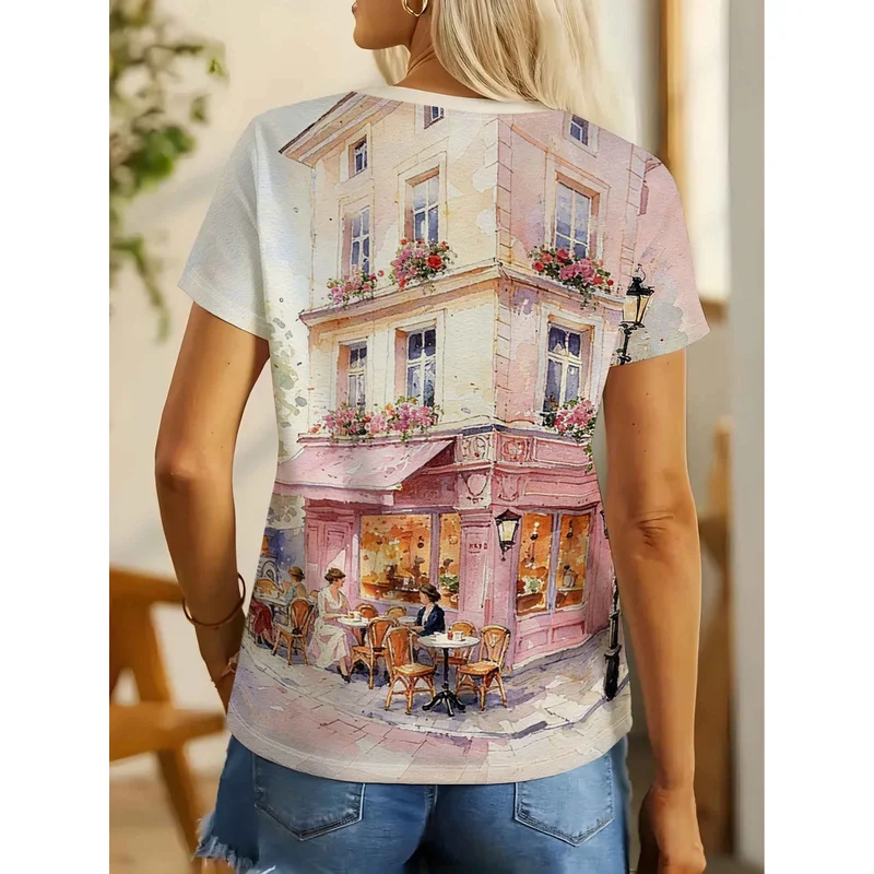 Printed Design - Not Textured Women's round neck T Shirt，Casual short-sleeved top，French artistic style
