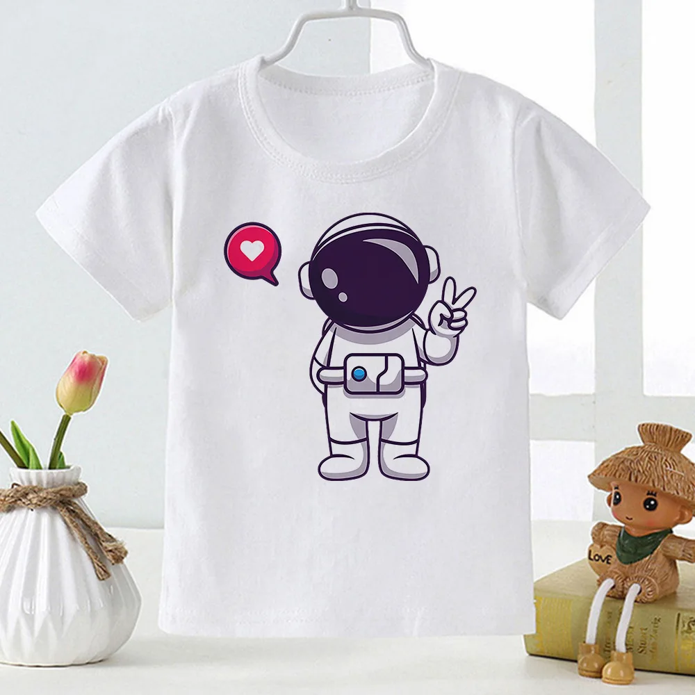 Cartoon Astronaut Print Boys and Girls Casual Shirt T-shirt Middle School Short Sleeve Parent-child Suit