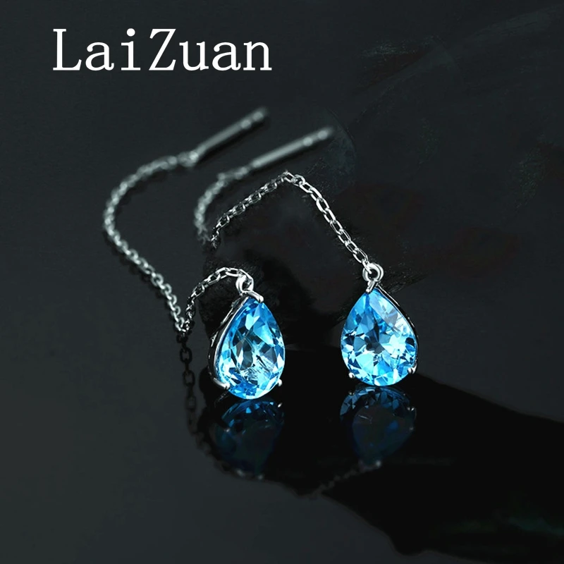 LaiZuan Solid 18k White Gold 5X8mm Pear Genuine Blue Topaz Drop Earrings Gemstone Chain Earrings Women Party Trendy Fine Jewelry