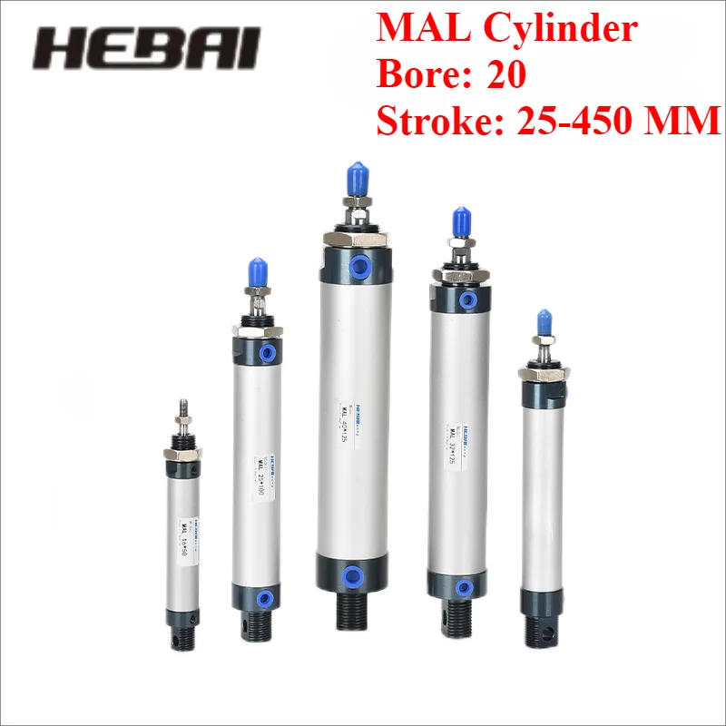 

HEBAI MAL Series Mini Pneumatic Cylinder 20mm Bore 25/50/100/150/200/300/450mm Stroke Double Acting Aluminum Alloy Air Cylinder