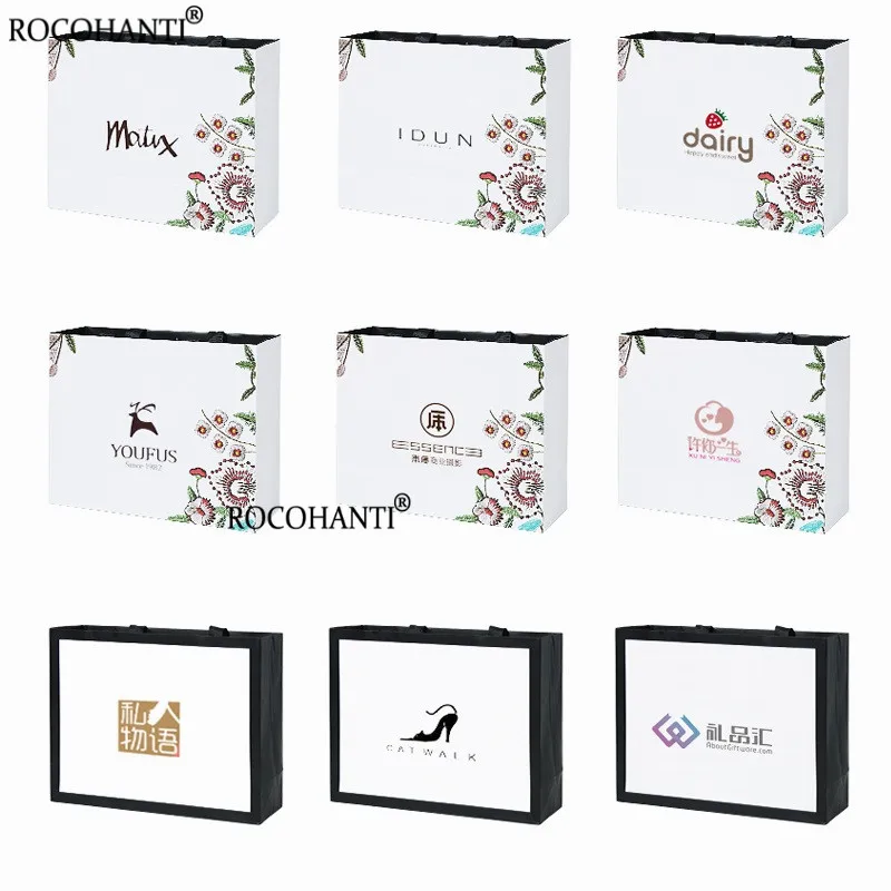 Imagem -03 - Logotipo Personalizado Impresso Matt Laminado Branco Preto Patched Paper Gift Shopping Bolsa com Long Ribbon Handle Bolsas para Regalo 50 Pcs